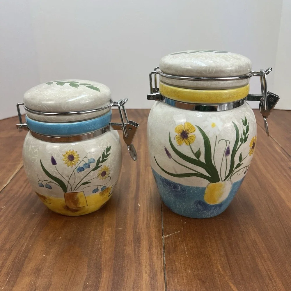 Oneida Sakura Casual Dining Floral Applique Ceramic Canister Jars Set of 2